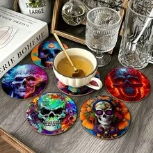 Halloween Skeleton Coaster Set, Dark Style Printed Round Heat-Resistant Pads, Party Tabletop Atmosphere Decor, Creative Halloween Gift - PET Coaster-2763 - View 7