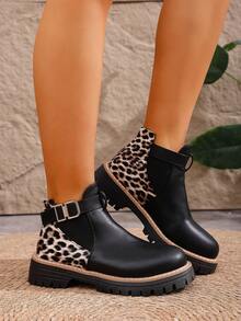 Women's Leopard Print Patchwork Mid-Calf Boots, Vintage Fashion Versatile Slip-On Boots, Autumn/Winter - Black - View 6