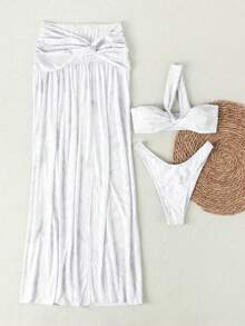 Set Bikini Motif Riak Air Premium, Rok Panjang Belahan Modis, Pakaian Renang Liburan Pantai 3 Potong - Putih - View 2