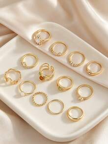 13pcs Personalized Rhinestone & Faux Gemstone Ring Set, Fashionable Accessory For Women To Wear At Parties, Gatherings, Music Festivals - Yellow Gold - View 6