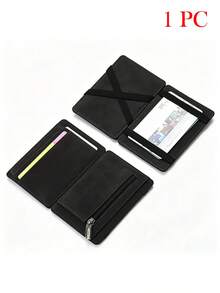 Minimalist Men's Card Holder Wallet With Zipper Coin Pocket, Ultra-Thin Magic Wallet, PU Leather Credit Card & Bank Card Holder, Small Men's Wallet With Cash Compartment - Black - View 11