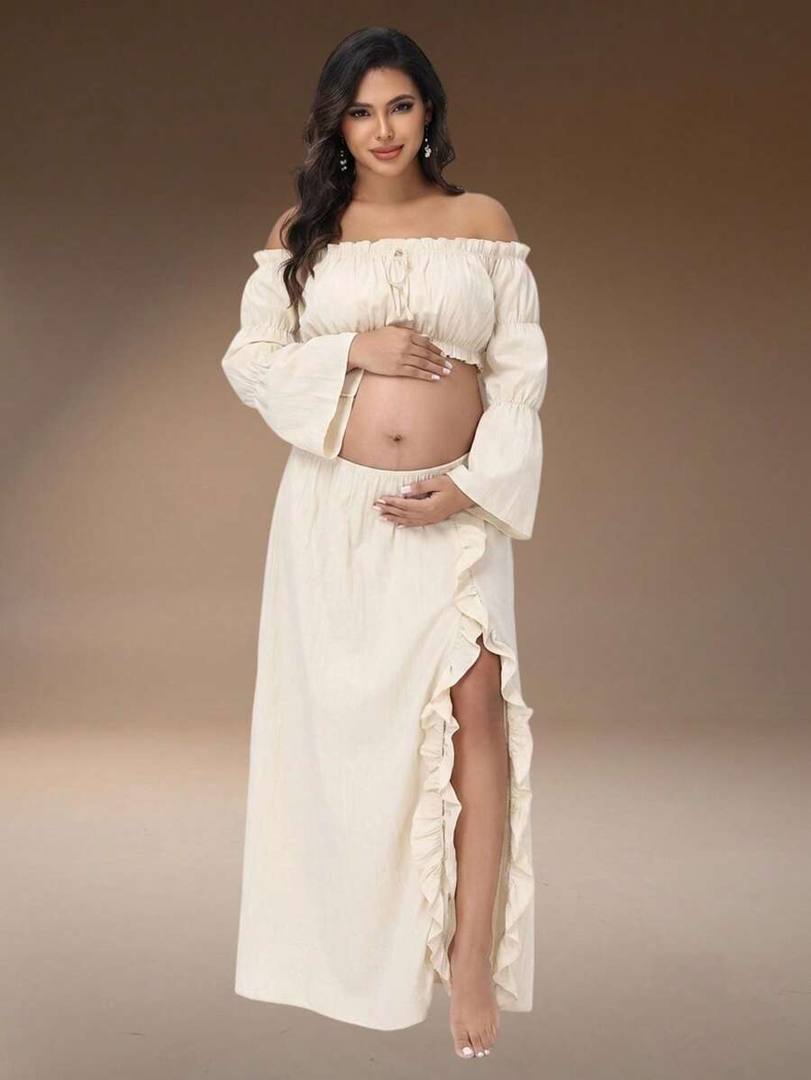 JustVH Setelan Hamil 2 Potong Atasan Lengan Lonceng Tanpa Bahu & Rok Berlipit dengan Belahan, Cocok untuk Foto Pantai dan Pesta Baby Shower - Aprikot - View 1