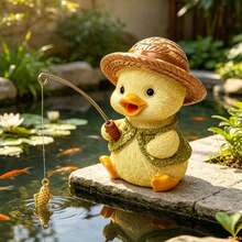 Fishing Duck Resin Figurine, Yellow Duck With Straw Hat, Japanese Garden Pond Landscape Decor, Desktop Ornament, Cartoon Animal Craft, Rockery Water Feature Decoration, Healing Style Novelty Gift - A - View 1