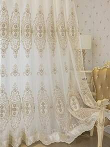 1pc European High-End Embroidered Curtain, Suitable For Living Room & Bedroom, Luxury Embossed Embroidery Curtain With Beaded Screen, Bedroom Sheer Voile Curtain - Multicolor - View 6