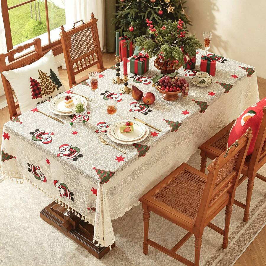 1pc Christmas Bell Santa Claus Classic Coffee Table Cover, American Style Embroidered Lace Tablecloth, Suitable For Party, Gathering, Home Decor - Santa Claus - View 1