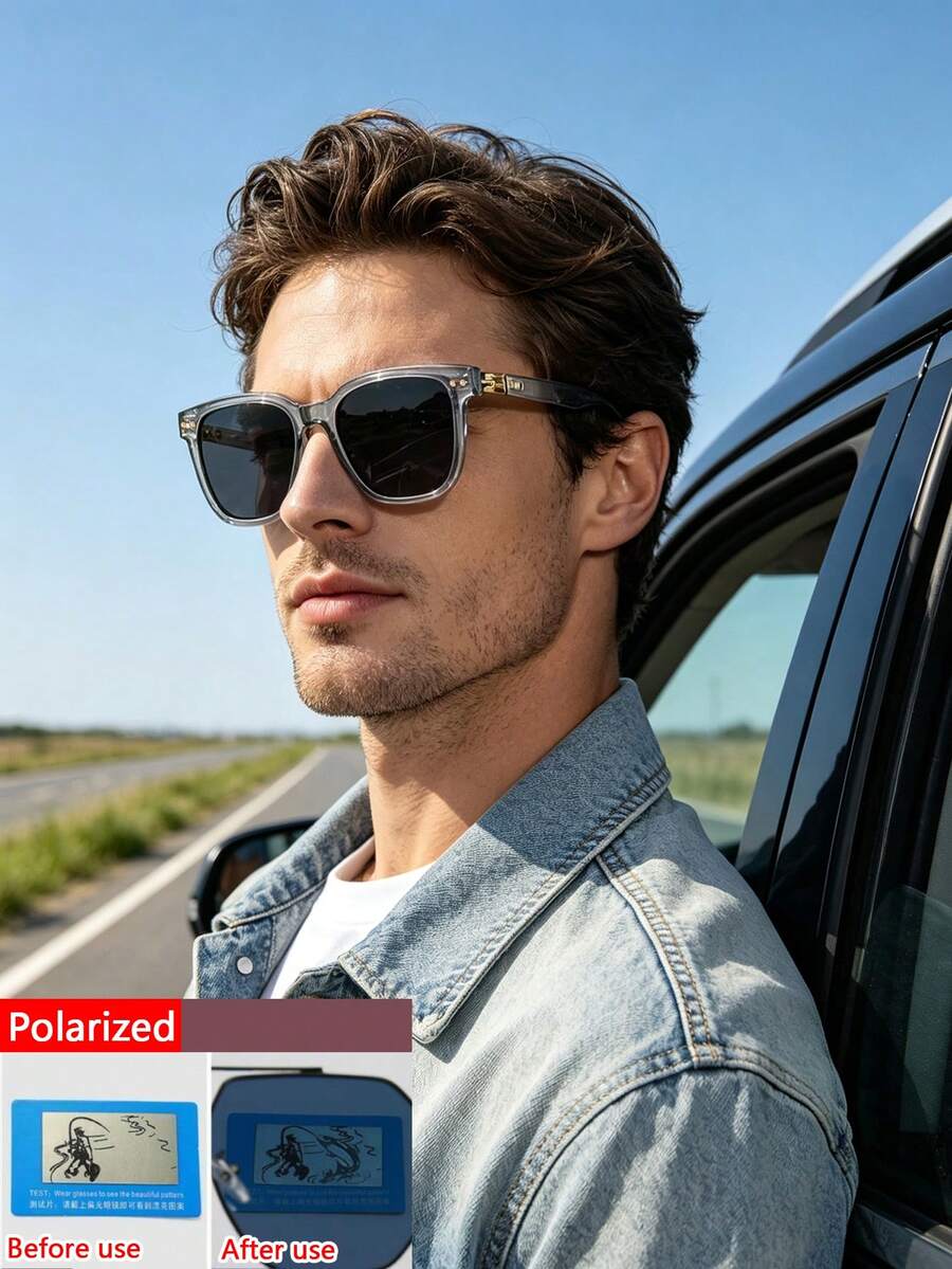 1 PC Men's Square Fashion Glasses Black And Transparent Gray PC Frame Polarized Lens Casual Style For Driving Outing Trips With Glasses Box - Multicolor - View 1