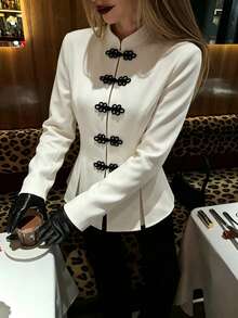 Women's Autumn/Winter White Elegant Shirt, New Chinese Style Black Frog Button Contrast Color Stand Collar Long Sleeve Thin Outerwear, Women's Formal Office Daily Casual Outing Commute Top, Vacation Holiday Beach Outfit, Women's Halloween Christmas Costume, Wedding Guest Attire - White - View 5