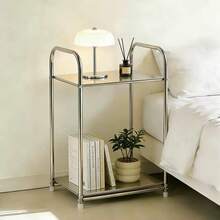 1pc Modern Stainless Steel Edge Bedside Table With Storage Space, Silver, Home Storage Rack, No Assembly Required, Height Under 27 Inches, Space-Saving Design, No Power Needed, Perfect For Sofa And Kitchen, Practical Shelf - Multicolor - View 5