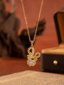 1pc Elegant Luxury Copper Inlaid Artificial Zirconia Bow Heart Pendant Necklace, Stainless Steel Chain For Women Daily Wedding Party Jewelry Gift - Multicolor - View 4