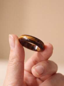 1Pc Vintage Tiger Eye Pattern Stone Band Ring For Women Men, Earthy Brown Marble Texture Finger Ring, Minimalist Unisex Jewelry For Daily Wear - 1 - View 2