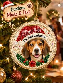 Personalized Custom Pet Photo 3D Pearl Painting Ornament, DIY Diamond Art Hanging Decor With Text, Customized Dog Cat Acrylic Keepsake For Christmas Tree Decor, Pet Lover's First Christmas Holiday Gift For Family Friends - Multicolor - View 2