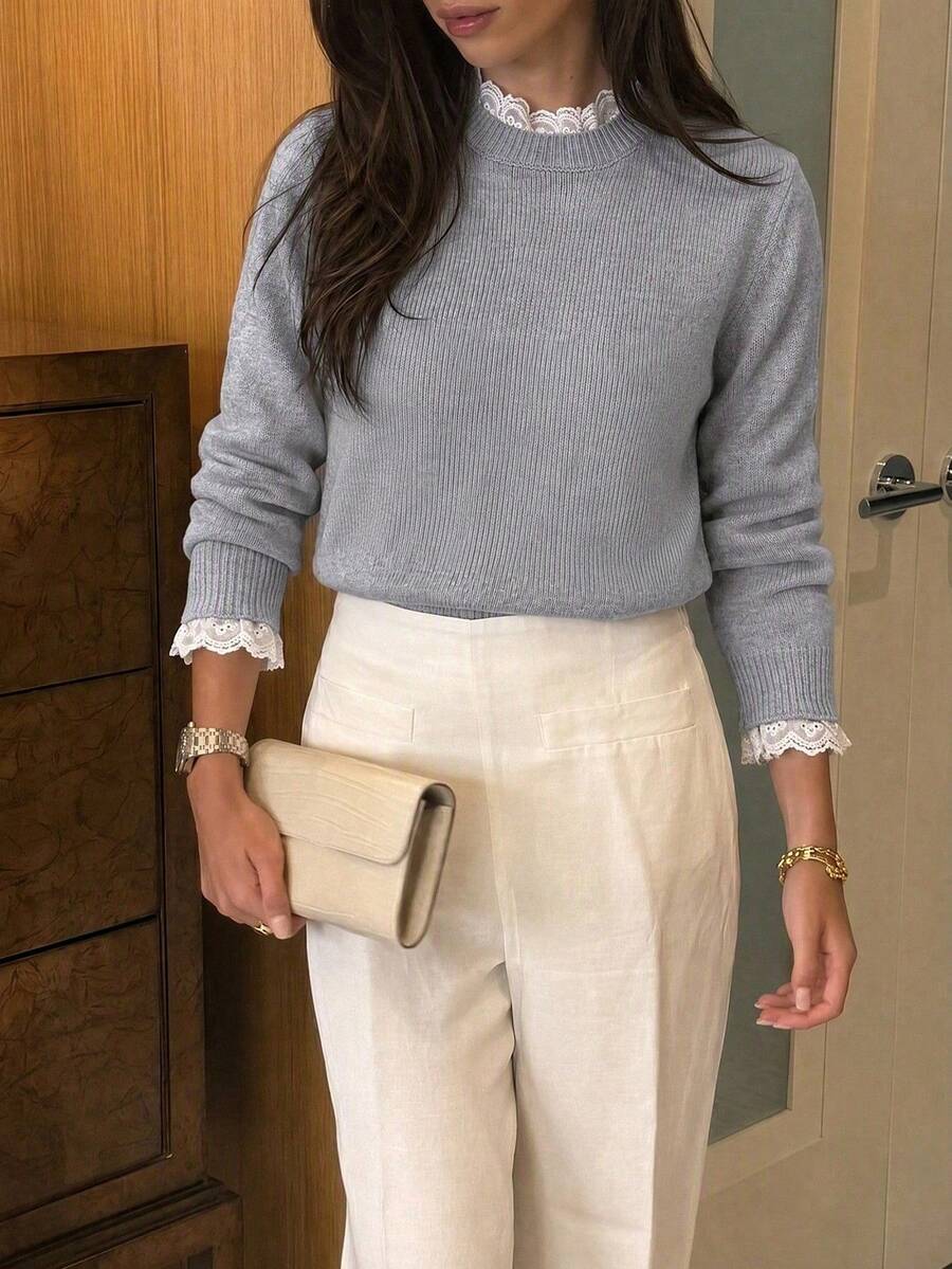 Women's Round Neck Loose Fit Long Sleeve Knit Top, Lace Trim Faux Layered Design, Solid Color Sweater, Suitable For Office Commute, Autumn/Winter - Grey - View 1
