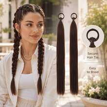 2pcs/Pack Braided Ponytail Hair Extensions, Straight Synthetic Hair Extensions, Elastic Band Long Double Ponytail Hair Bundles, Suitable For French Braids, Dutch Braids And Daily Hairstyles - Light Brown - View 2
