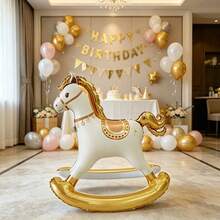 1pc Standing 3D Rocking Horse Aluminum Foil Balloon, Indoor Tabletop Party Decoration, Birthday Party Atmosphere Background Decor, Room Arrangement - Golden Rocking Horse - View 4