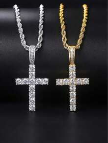 1pc Men's Stainless Steel Cross Pendant Necklace With Twist Chain, Hip Hop Rap Rock Style, Rhinestone Fashion Jewelry - Multicolor - View 4