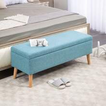 Panca imbottita con vano contenitore, effetto lino, ideale per corridoi, camere da letto o soggiorni. Realizzata in legno di caucciù, colore blu, dimensioni 110 x 39 x 45 cm. Disponibile per la consegna locale. - Verde + Poliestere - Visualizzare 6