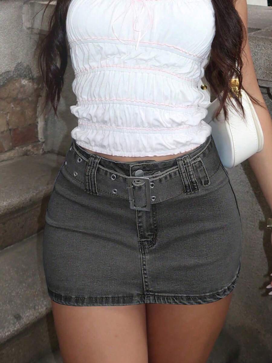 A-Line Casual Denim Mini Skirt With Belt Loops, Versatile For Summer