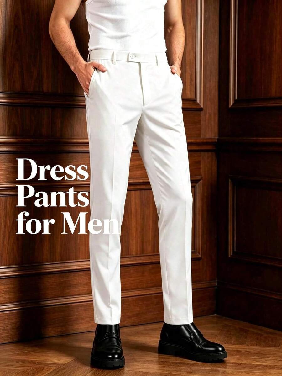 Men's Solid Color Dress Pants, Business Casual Commuter Long Trousers