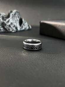 Cool Street‑Style Men Ring, Vintage Stainless Steel, Ring With Surrounding Flame Engraving, Jewelry For Men Daily Wear - Silver - View 4