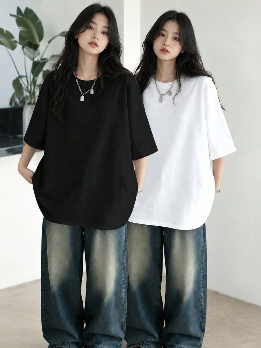 2件套女士休闲宽松圆领短袖T恤，百搭纯色，春夏款 - 黑+白 - 查看 1