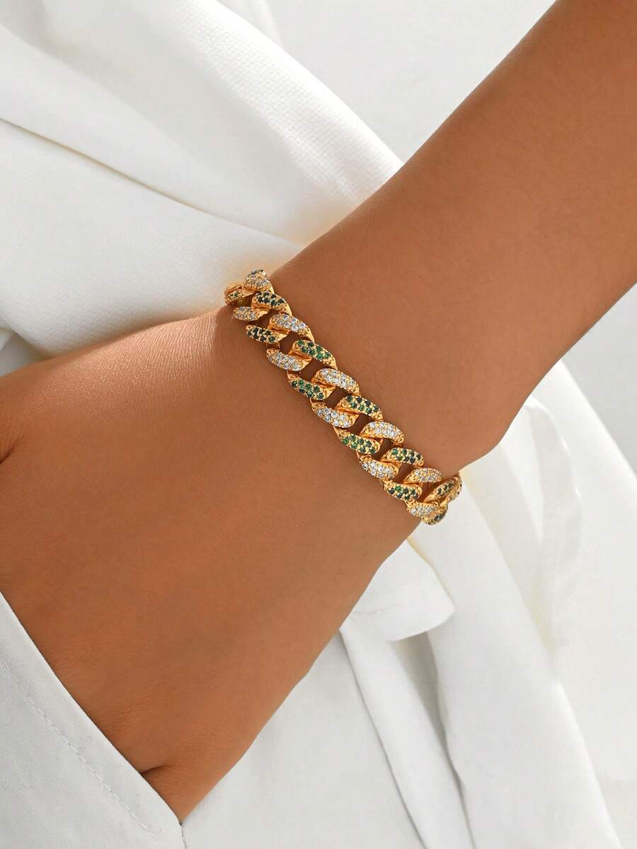 1pc Luxury Hip-Hop Punk Cuban Bracelet, Heavy-Duty Full Synthetic Zirconia, Unisex Wide Band Hand Accessory, Suitable For Party And Banquet Wear - Gold - View 1