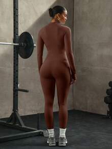 PinkTip Jumpsuit Rajut Bergaris Lengan Panjang untuk Olahraga Yoga Tanpa Jahitan, Pas di Badan, dan Menyerap Keringat, Cocok untuk Pilates dan Acara Olahraga Kasual - Coklat - View 8