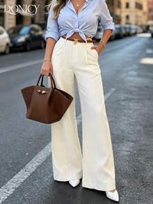 DONICY Women's White High Waisted Double Button Pleated Wide Leg Trousers, Office & Casual Wear - White - View 6