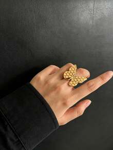 24K Gold Plated Laser Engraved Honeycomb Butterfly Ring, Large Statement Butterfly Open Ring, Fashion Women Party Jewelry - Gold - View 6