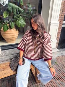 Women Crew Neck Striped Knit Sweater Loose Oversized 3/4 Wide Sleeve Soft Fuzzy Pullover Casual Daily Top Fall - Multicolor - View 1