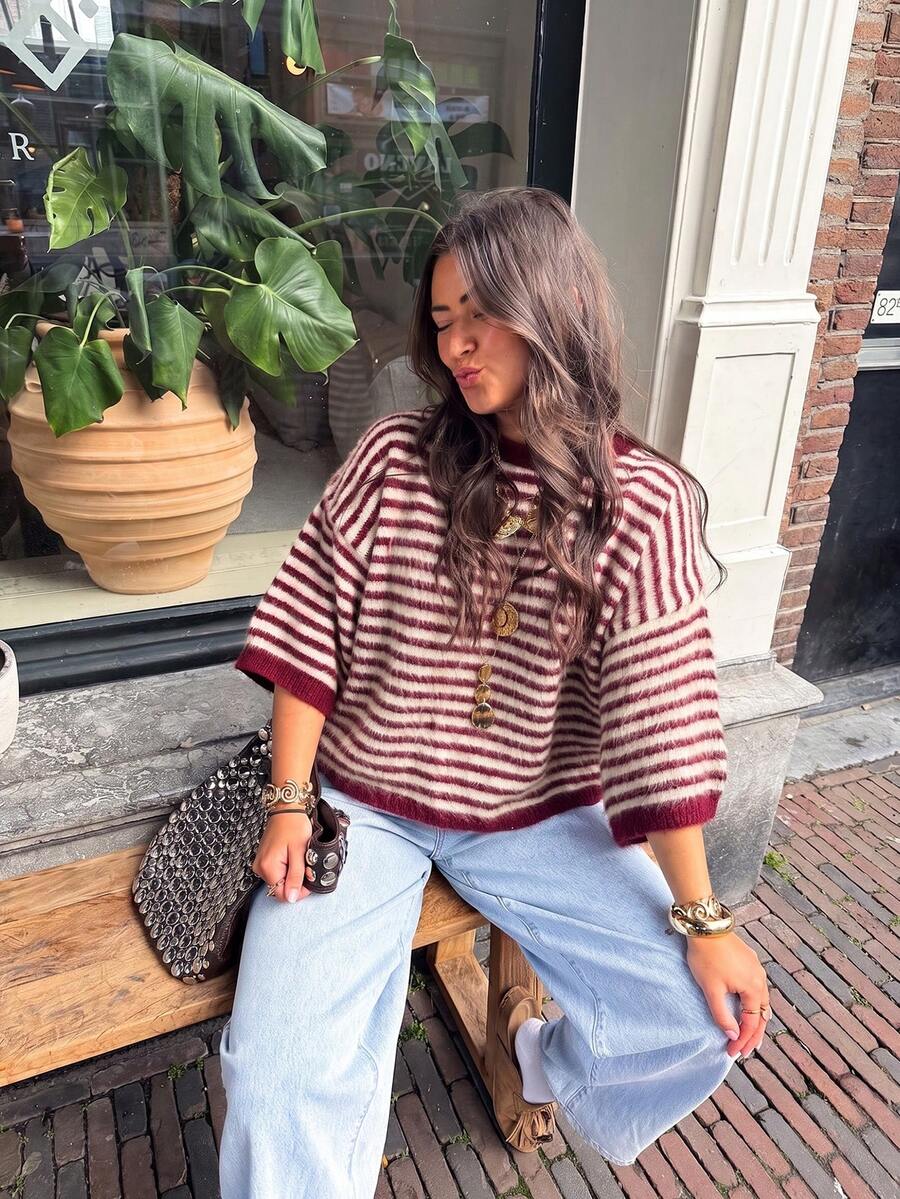 Women Crew Neck Striped Knit Sweater Loose Oversized 3/4 Wide Sleeve Soft Fuzzy Pullover Casual Daily Top Fall - Multicolor - View 1