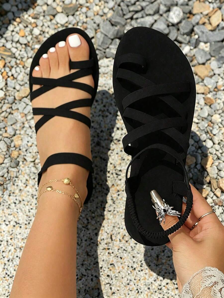 Women Fashionable Flat Sandals, Elegant Solid Color Criss-Cross Design, Charming, Suitable For Various Occasions, Vacation & Beach