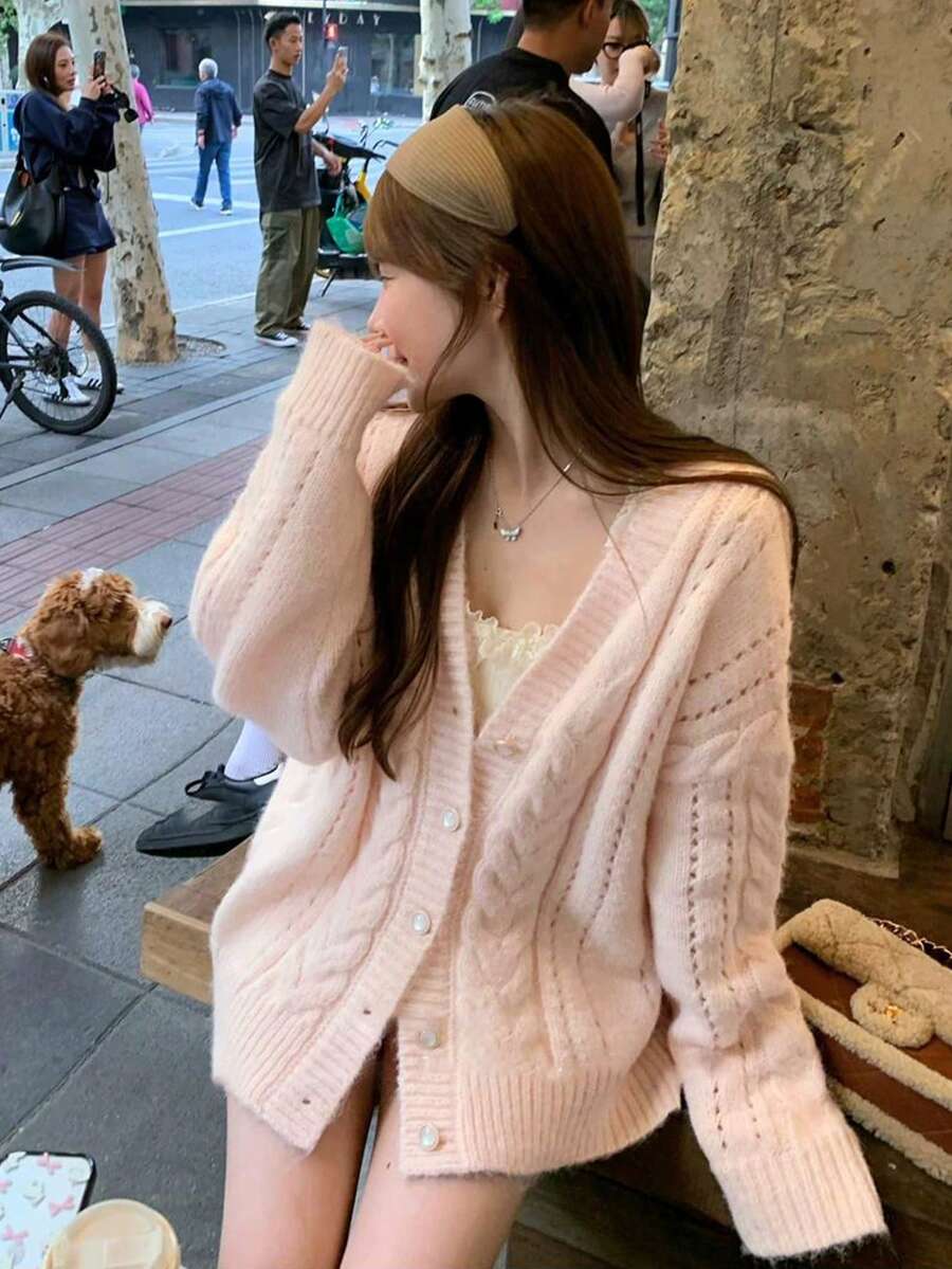 Women's Loose V-Neck Cable Knit Cardigan Sweater Jacket, Solid Color, Autumn/Winter - Pink - View 1
