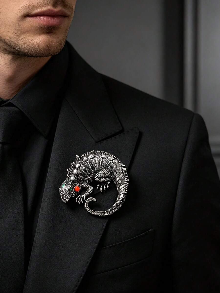1pc Fashionable European & American Vintage Personalized Hip Hop Exaggerated Lizard Shaped Brooch Pin, Suitable For Men's Daily Street Party Occasions Wear Decoration - Antique Silver - View 1