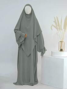 Solid Light Gray Textured Loose Khimars Robe Set, Ruffle Flare Sleeve Elegant Jilbab Long Dress, Muslim Women Casual Islamic Prayer Outfit - Multicolor - View 24