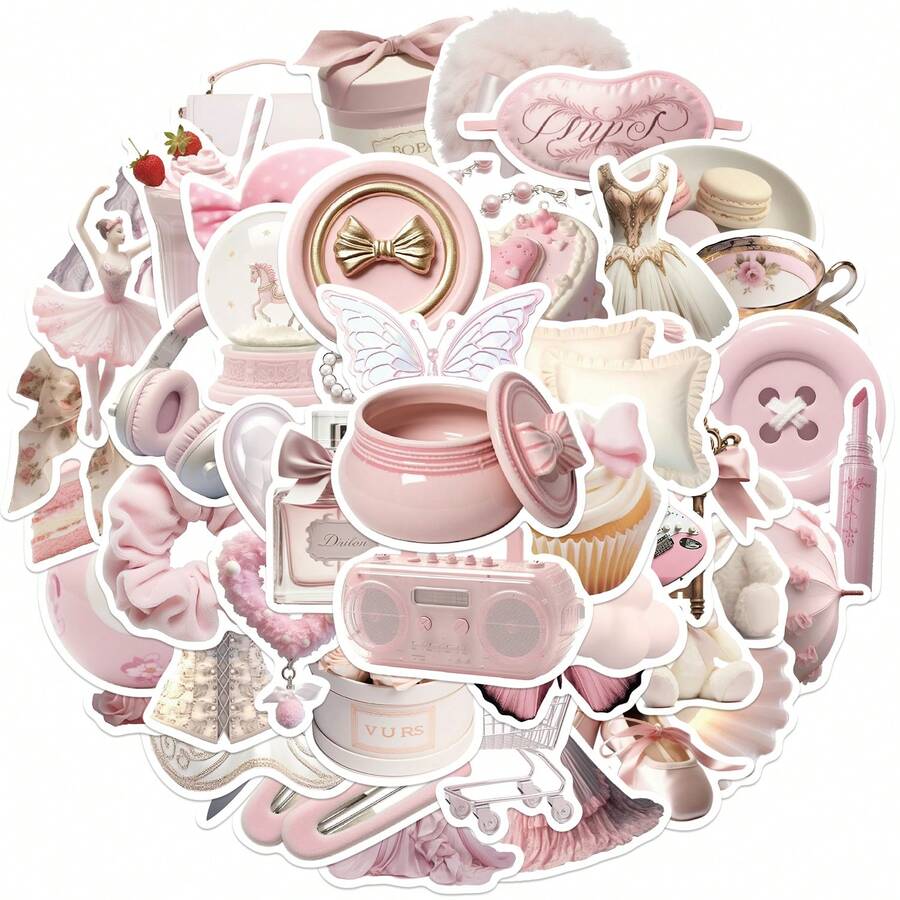 50 PCS Pink Ballet Sticker Set | Cycling Stickers And Decals Chic Paper Decals For Scrapbooking, Journals, Laptop, Skateboard, Helmet, Water Bottle, Car, Computer & More - Winter Sale - View 1