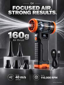 Q4 Vakum Nirkabel Portabel dengan Fungsi Hisap dan Tiup, Hingga 110.000 RPM, 4 Kecepatan yang Dapat Disesuaikan, Lampu LED dan Tampilan Persentase Baterai, Isi Ulang USB, Termasuk 5 Nozel dan Komponen Vakum yang Dapat Dilepas, Cocok untuk Pembersihan Interior Mobil, Keyboard dan Sofa, Penggelembungan, Pendinginan dan Lainnya - Wireless - View 4