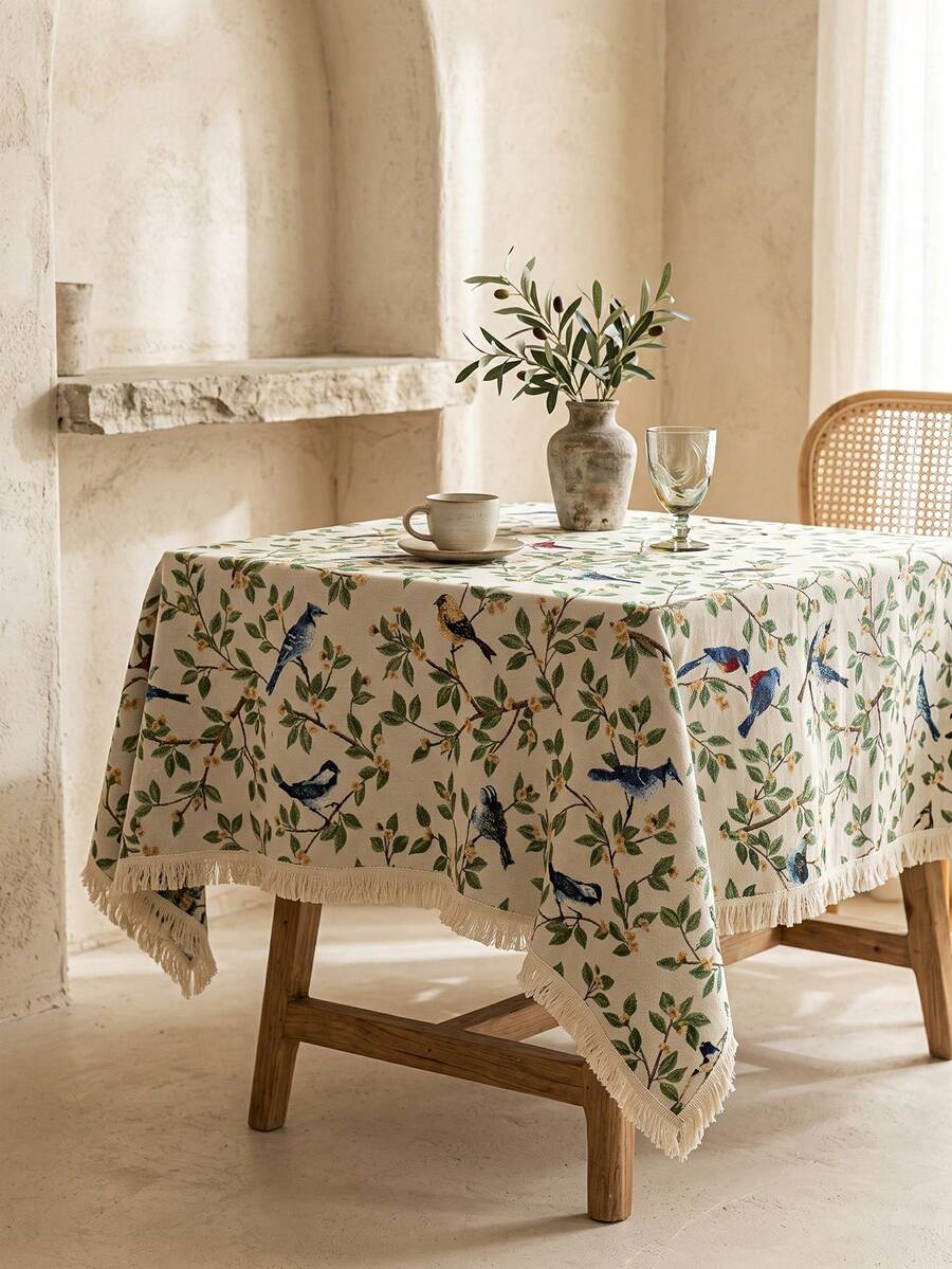 1pc Beige Base Green Branch & Blue Bird Print Tablecloth, French Fresh Style Linen Blend Fabric, Square Shape With Beige Tassel Edge Detail, Stain-Resistant Desktop Protector, Functional Dining Table Cloth Suitable For Daily Breakfast And Cozy Home Decor Scenes - Beige - View 1