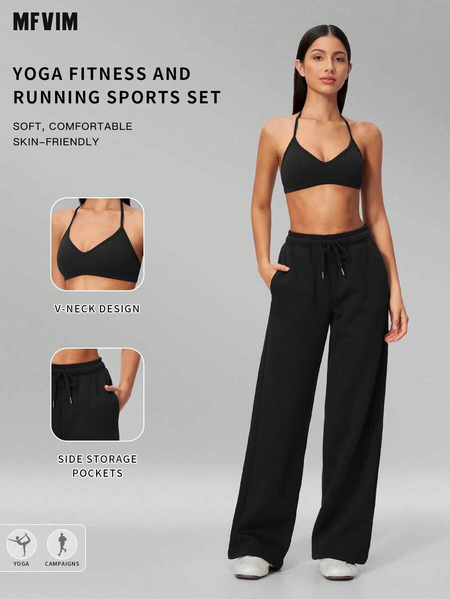 MFVIM Women's Autumn/Winter New Short Bra + Long Sweatpants 2pcs Sports Casual Set - Premium Black - View 1