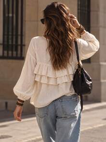 Beige Deep V-Neck Multi-Layer Ruffle Women's Blouse, Autumn Elegant Bohemian Style Loose Long Sleeve Top - Beige - View 7