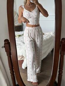 Women's Floral Print Camisole & Long Pants Casual Pajama Set - White - View 5