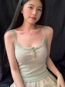 性感風蕾絲細肩帶背心女款 夏季內搭外穿修身短版露背上衣 休閒款 - 綠色 - 查看 1