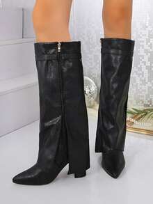 Hot-Selling Ruched Fold-Over Boots, Fashionable Buckle Flat Comfortable Solid Color Western Style Casual Microfiber Leather Mid-Calf Boots, Suitable For Holidays, Parties, Autumn/Winter, Stylish Elegant Western Style Side Zipper Cross-Over - Black - View 4
