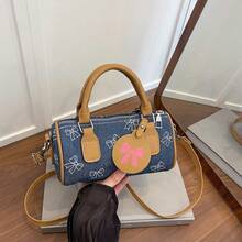 Women's Denim Bucket Handbag, Cherry & Butterfly Print Mini Boston Bag, Detachable Crossbody Strap, Cute Everyday Shoulder Bag - Multicolor - View 9