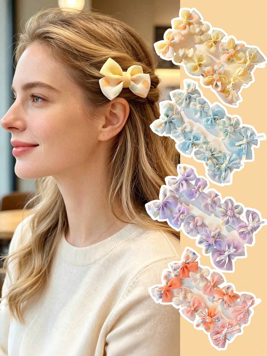10pcs/Set Sweet Bow & Flower Hair Clips Set, Women's Daily Outfit Decorative Hair Clips, Sweet Bow & Floral Design, Create Romantic Hairstyle - Multicolor - View 1