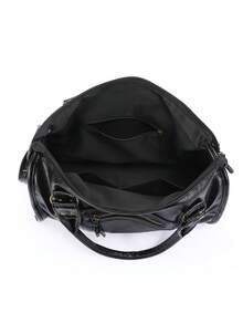 Dedoo Vintage Motorcycle Tote Bag, Soft Washed PU Leather, Woven Rivet Multi-Pocket, Large Capacity Storage, Distressed Punk Style, Suitable For Commuting And Travel For Women - Black - View 7