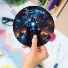 Halloween Wooden Round Coasters, Starry Sky Grim Reaper Scythe Pattern Heat-Resistant Pads, Suitable For Home Kitchen Dining Table Party, Winter Holiday, Protect Tabletop Decor, Halloween Decoration Gift - Coaster LDX2759 - View 6