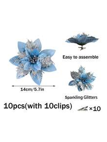 Christmas Artificial Glitter Red Poinsettia, Blue Christmas Tree Decor With Stem, Suitable For Christmas Tree Hanging, Wreath DIY Crafts, Bouquets, Wedding Party Decoration - Blue Silver - View 10