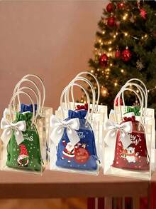 18pcs Colorful Christmas PVC & Linen Gift Bags Set With Bows, Santa Claus Drawstring Pouches, Suitable For Holiday Party Gifts And Jewelry Storage, Perfect For Christmas And New Year Party Supplies - Multiple Styles - View 3