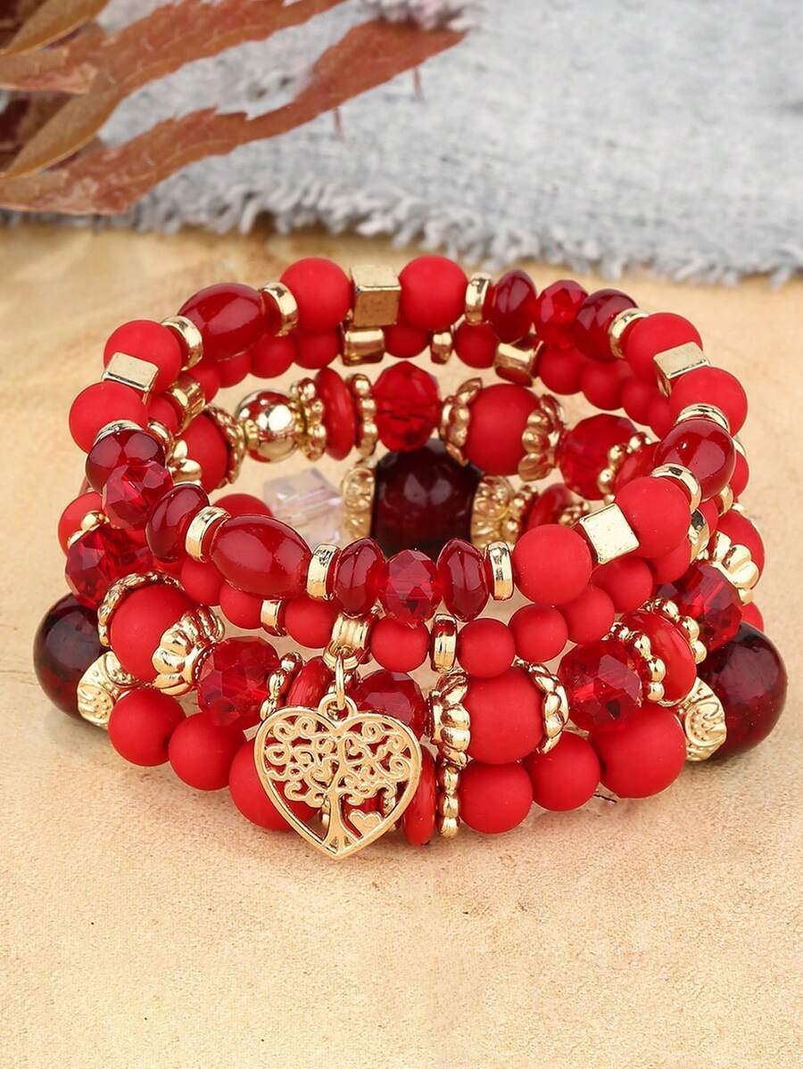 4pcs Heart Pendant Vintage Bracelets, Bohemian Hollow Heart Charm Beaded Bracelets, Multi-Layer Elastic Cord Beaded Bracelets - Red - View 1