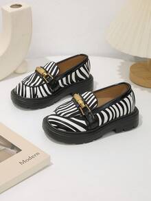 1 Pair Kids Leopard & Zebra Print Loafers, Vintage Chic Style, Suitable For Boys & Girls Daily Wear - Black and White - View 2